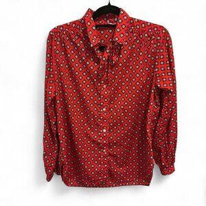 Vintage Evan Picone red and blue geometric women’s button up blouse with tie